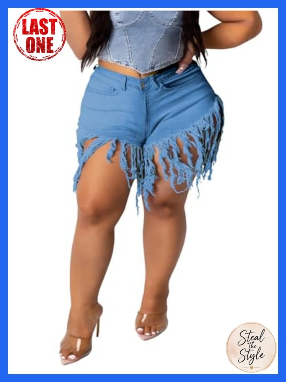 Plus Size High Rise Fringe Denim Shorts with Tassel Hem Stretch